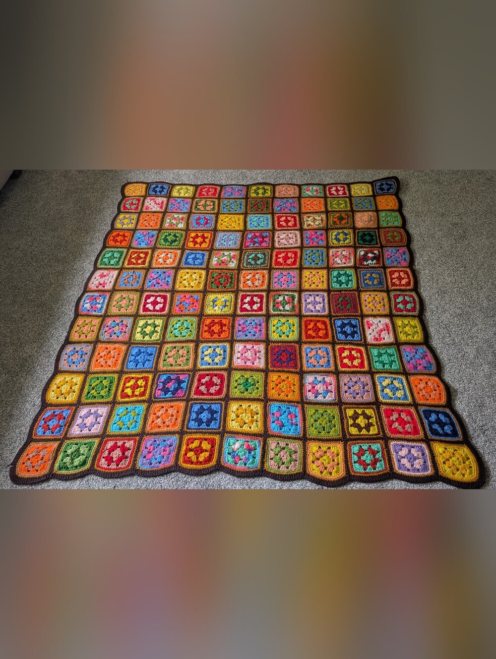 Vintage Homemade Knitted Crochet Granny Square Throw Afghan Blanket 62x57" Retro